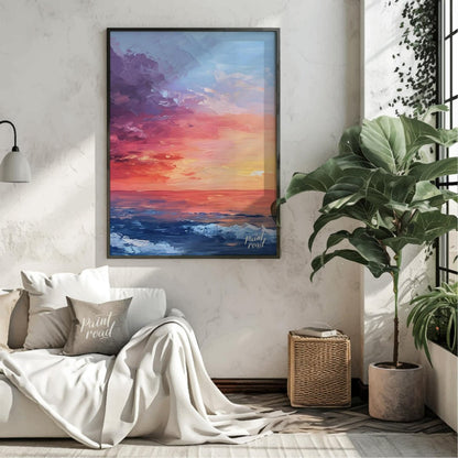 "Horizon Hues" presents a vibrant seascape painting, capturing a sunset or sunrise over the ocean. … for living room