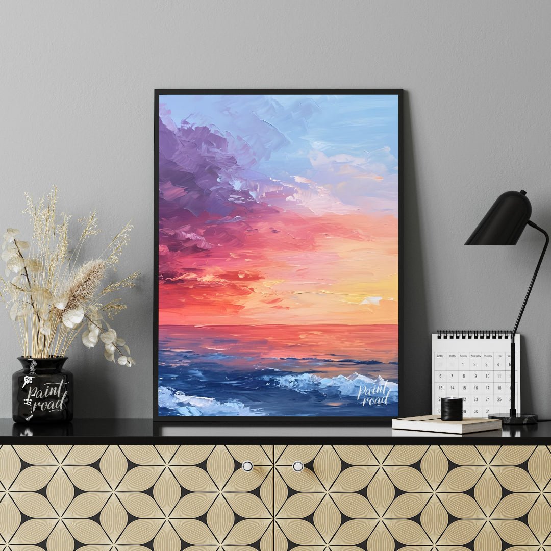 "Horizon Hues" presents a vibrant seascape painting, capturing a sunset or sunrise over the ocean. … for office