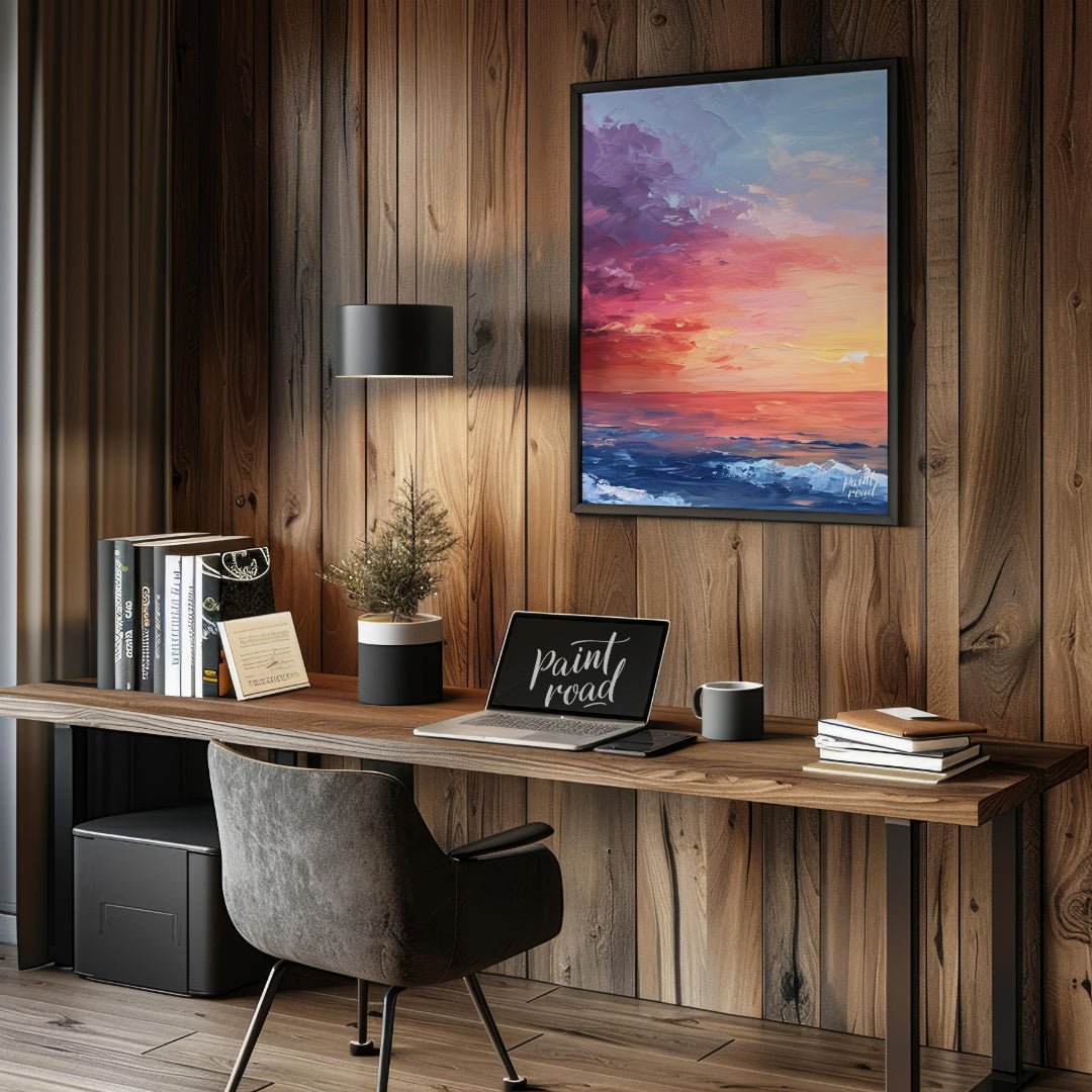 "Horizon Hues" presents a vibrant seascape painting, capturing a sunset or sunrise over the ocean. … for office