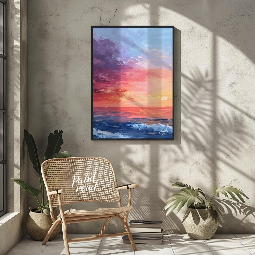 "Horizon Hues" presents a vibrant seascape painting, capturing a sunset or sunrise over the ocean. … for other