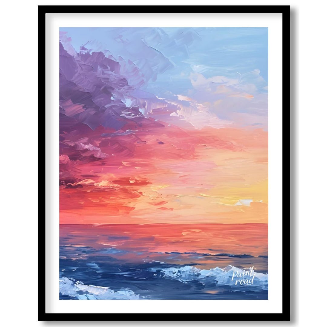 "Horizon Hues" presents a vibrant seascape painting, capturing a sunset or sunrise over the ocean. … for room