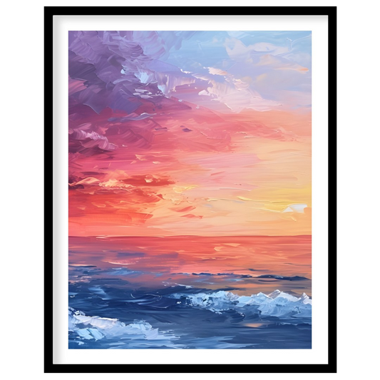 "Horizon Hues" presents a vibrant seascape painting, capturing a sunset or sunrise over the ocean. … for room