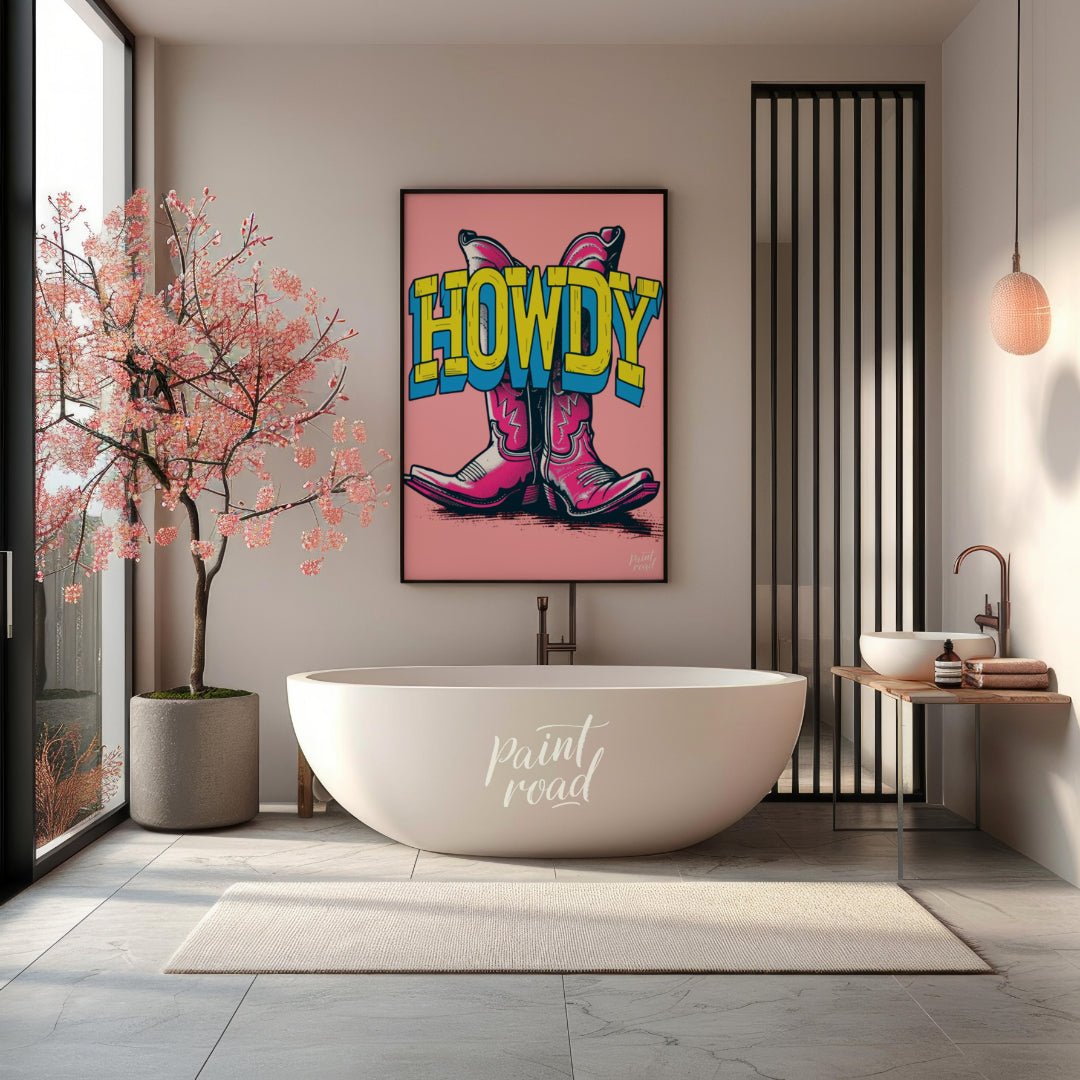"Howdy Cowboy Boots" presents a vibrant, graphic illustration featuring two cowboy boots in a strik… for bathroom