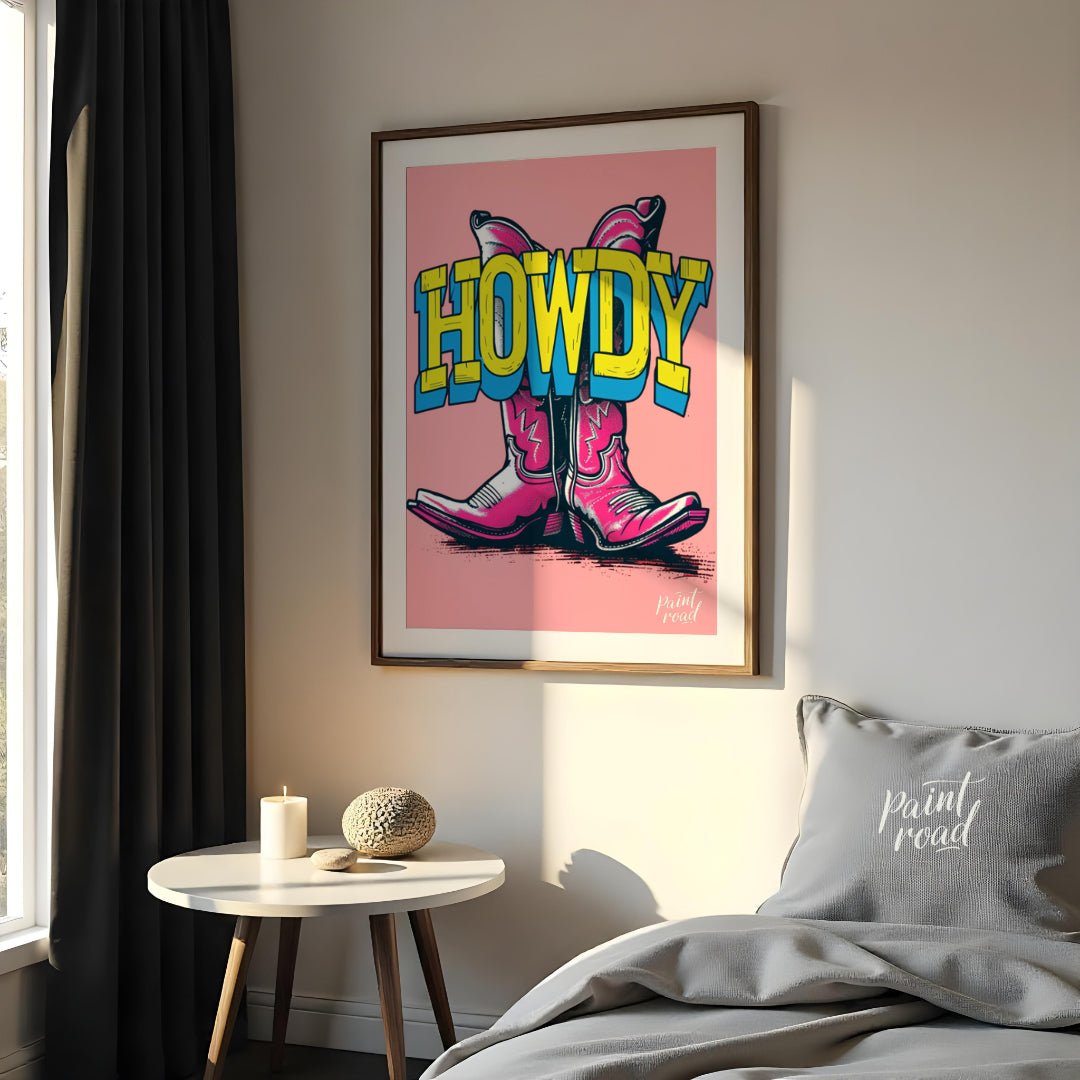 "Howdy Cowboy Boots" presents a vibrant, graphic illustration featuring two cowboy boots in a strik… for bedroom
