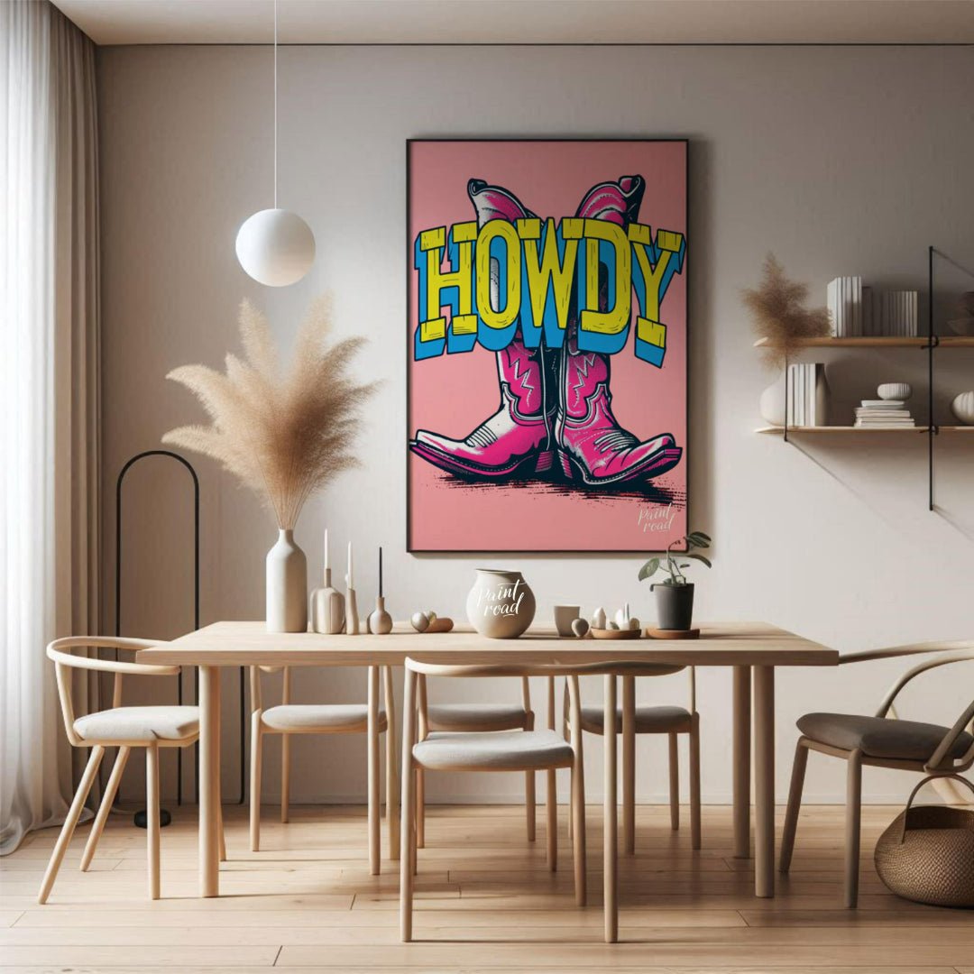 "Howdy Cowboy Boots" presents a vibrant, graphic illustration featuring two cowboy boots in a strik… for dining room