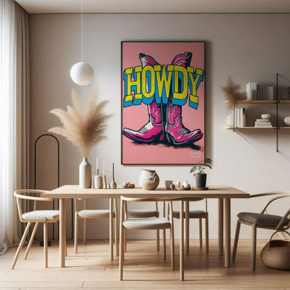 "Howdy Cowboy Boots" presents a vibrant, graphic illustration featuring two cowboy boots in a strik… for dining room