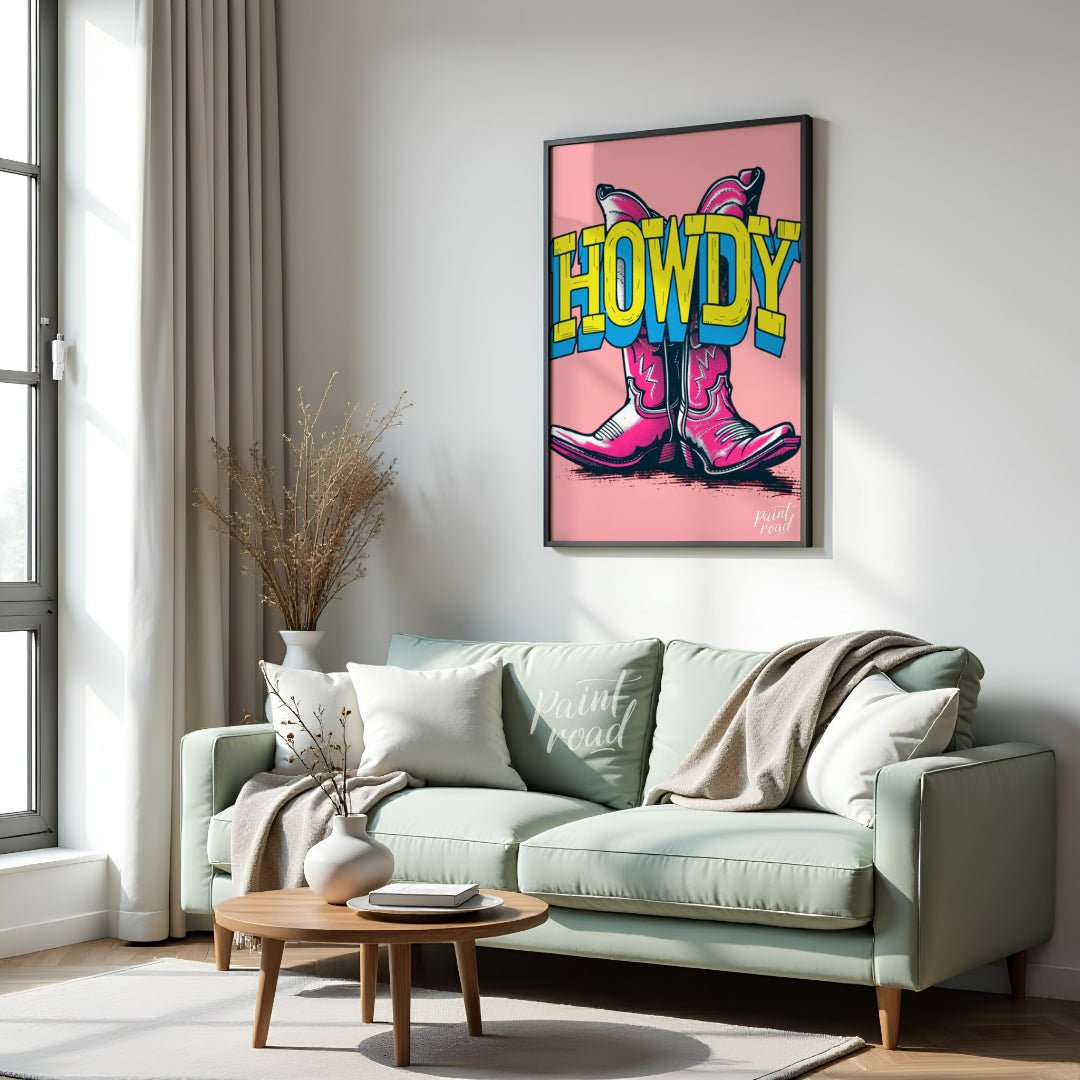 "Howdy Cowboy Boots" presents a vibrant, graphic illustration featuring two cowboy boots in a strik… for living room