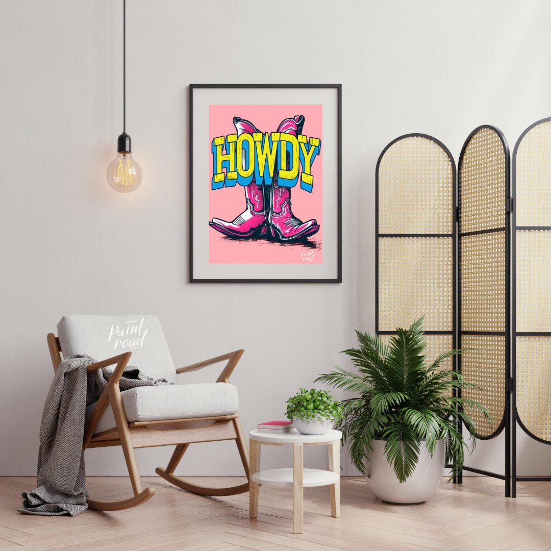 "Howdy Cowboy Boots" presents a vibrant, graphic illustration featuring two cowboy boots in a strik… for living room
