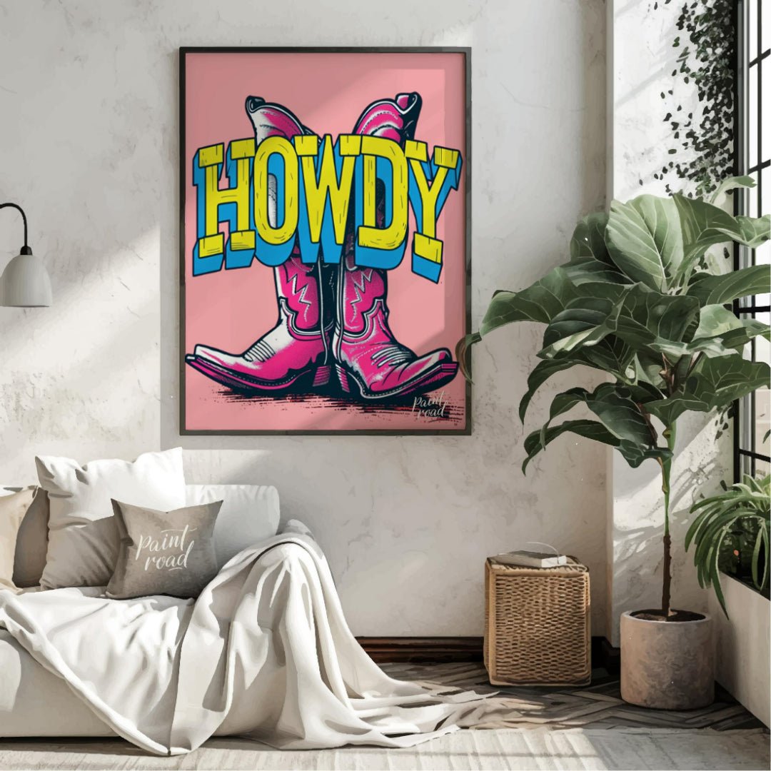 "Howdy Cowboy Boots" presents a vibrant, graphic illustration featuring two cowboy boots in a strik… for living room
