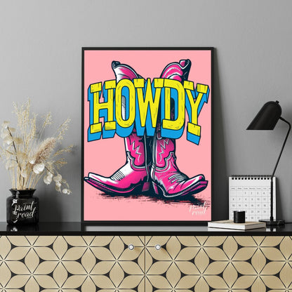 "Howdy Cowboy Boots" presents a vibrant, graphic illustration featuring two cowboy boots in a strik… for office