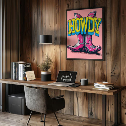 "Howdy Cowboy Boots" presents a vibrant, graphic illustration featuring two cowboy boots in a strik… for office