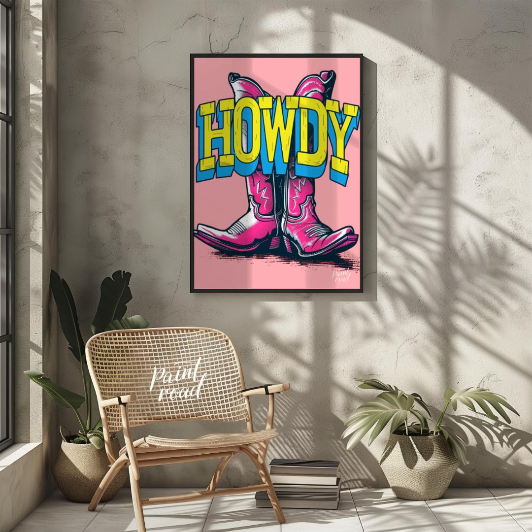"Howdy Cowboy Boots" presents a vibrant, graphic illustration featuring two cowboy boots in a strik… for other