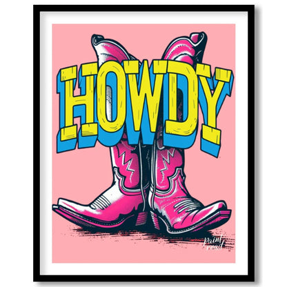 "Howdy Cowboy Boots" presents a vibrant, graphic illustration featuring two cowboy boots in a strik… for room