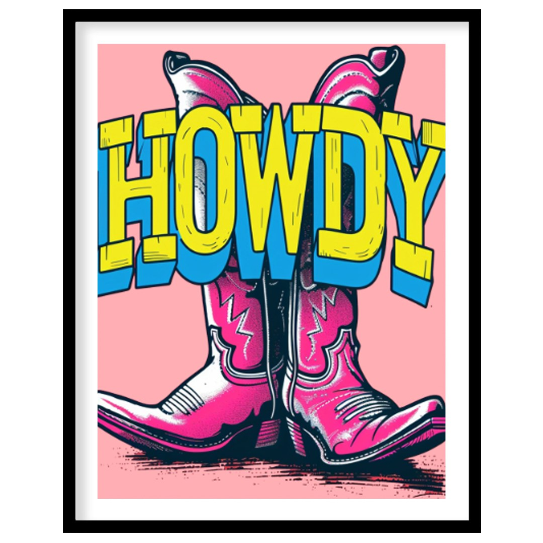 "Howdy Cowboy Boots" presents a vibrant, graphic illustration featuring two cowboy boots in a strik… for room