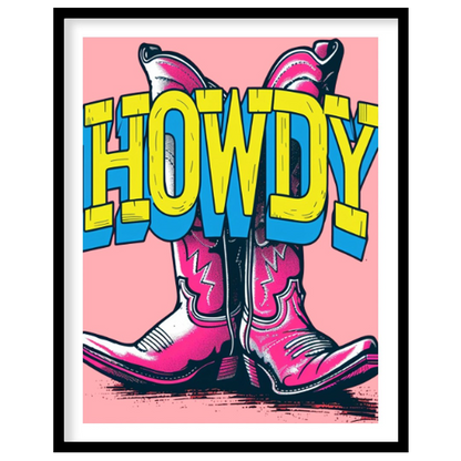 "Howdy Cowboy Boots" presents a vibrant, graphic illustration featuring two cowboy boots in a strik… for room