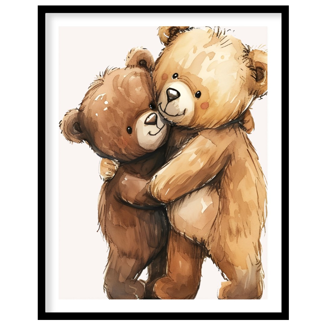 This heartwarming watercolor illustration beautifully captures the tender embrace of two teddy bear… for space