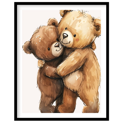 This heartwarming watercolor illustration beautifully captures the tender embrace of two teddy bear… for space