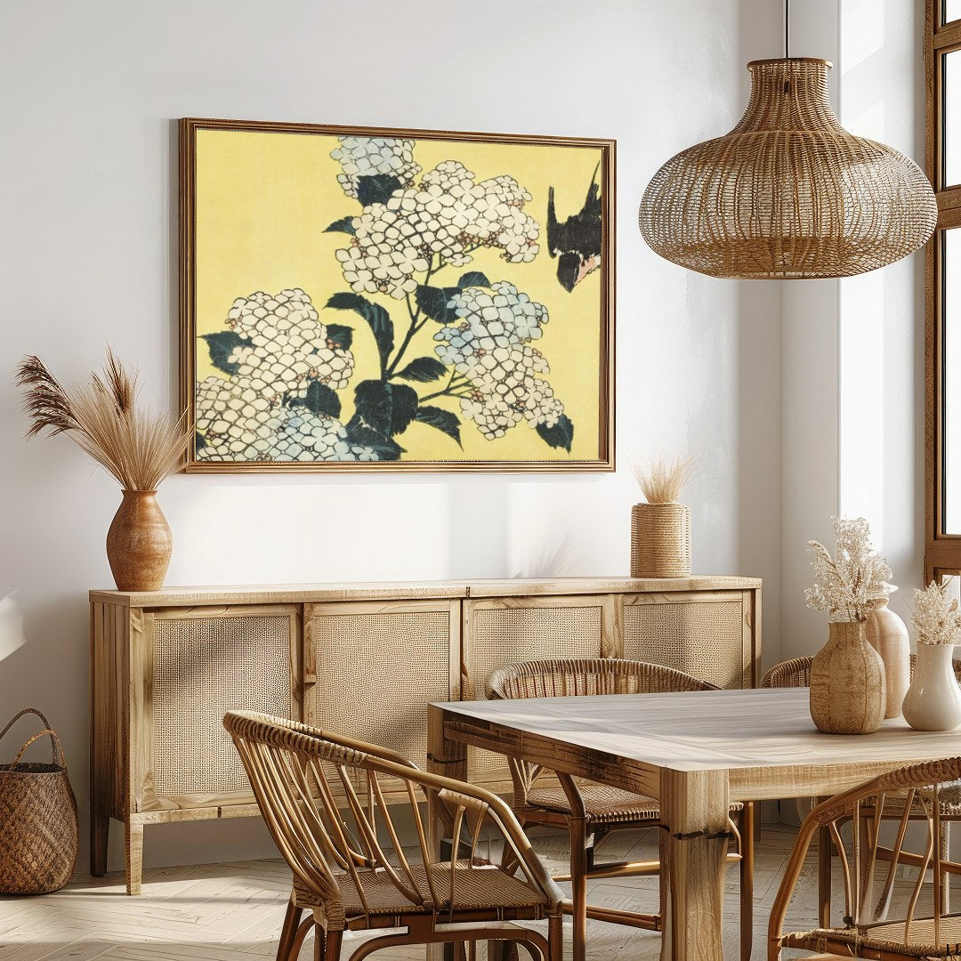 This exquisite artwork captures a serene moment where delicate white hydrangeas gracefully for Dining