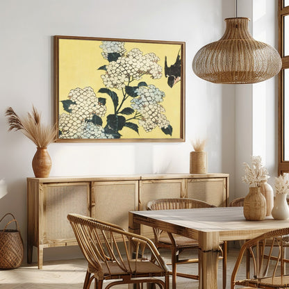 This exquisite artwork captures a serene moment where delicate white hydrangeas gracefully for Dining