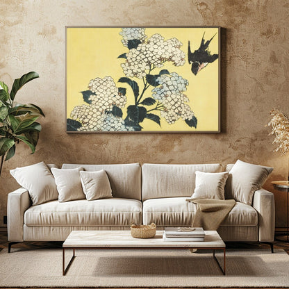 This exquisite artwork captures a serene moment where delicate white hydrangeas gracefully for Family Room