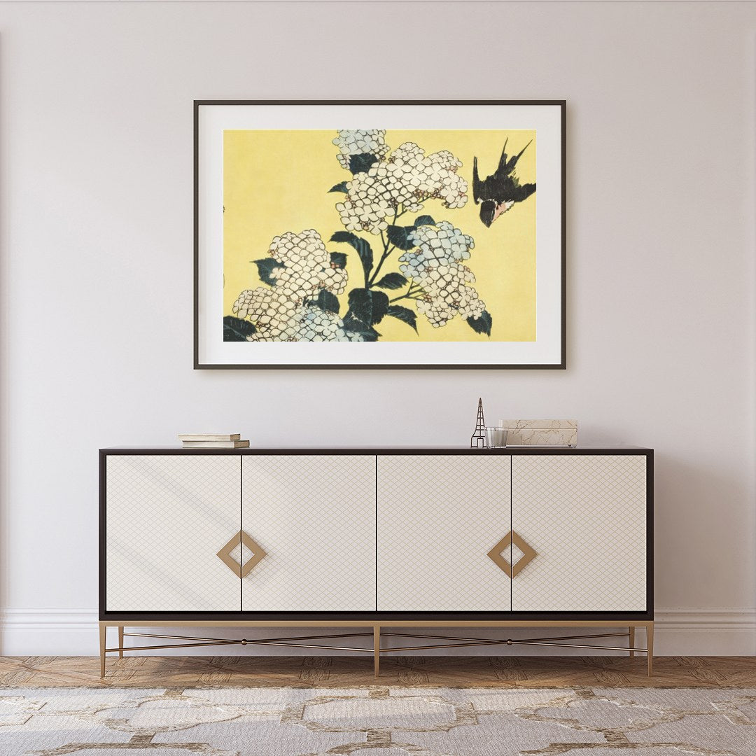 This exquisite artwork captures a serene moment where delicate white hydrangeas gracefully for Foyer