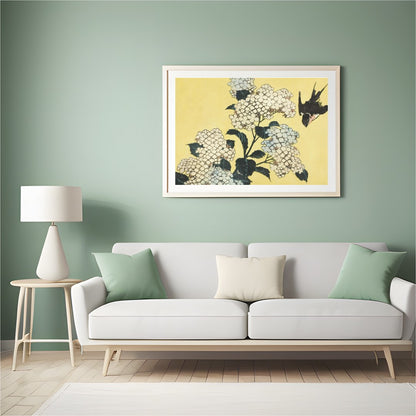 This exquisite artwork captures a serene moment where delicate white hydrangeas gracefully for Hall