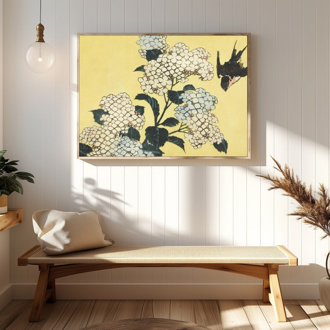 This exquisite artwork captures a serene moment where delicate white hydrangeas gracefully for Hallway