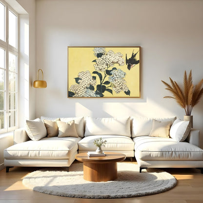 This exquisite artwork captures a serene moment where delicate white hydrangeas gracefully for Living Room