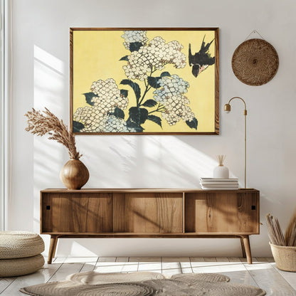 This exquisite artwork captures a serene moment where delicate white hydrangeas gracefully for Sitting Area
