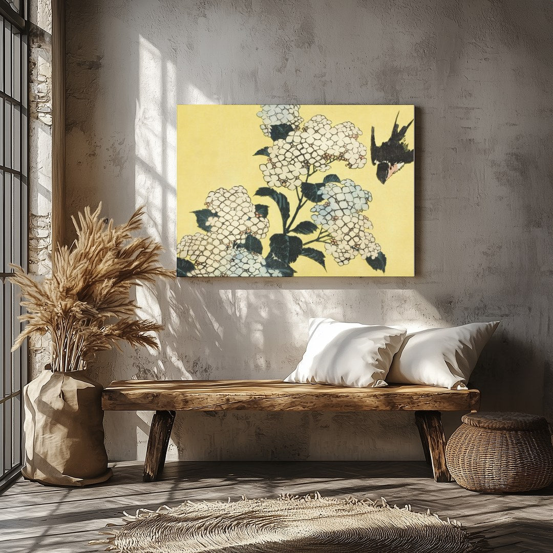 This exquisite artwork captures a serene moment where delicate white hydrangeas gracefully for Veranda