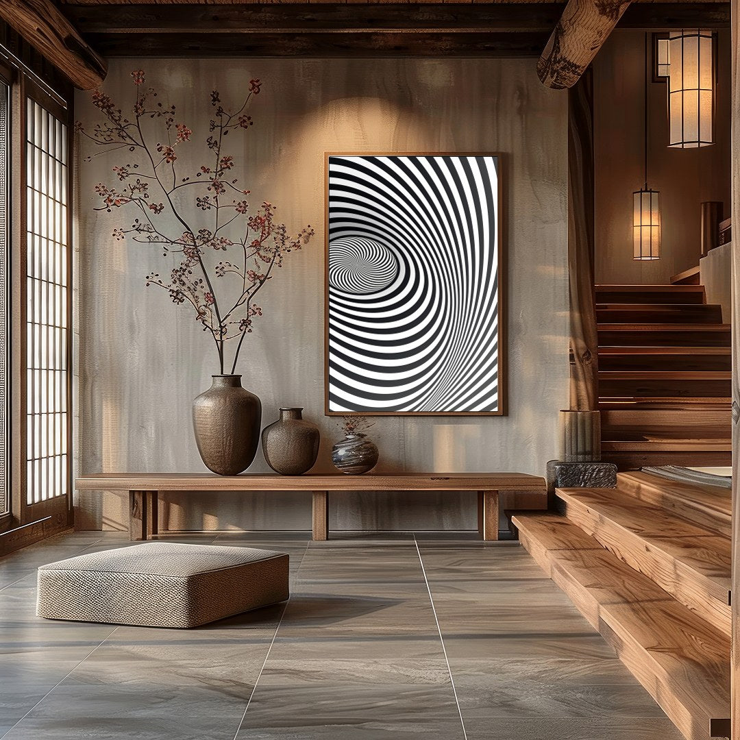 Dive into the mesmerizing world of optical illusions with this captivating spiral artwork. Perfect for Hall
