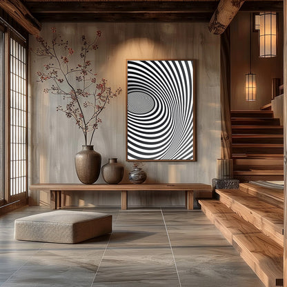 Dive into the mesmerizing world of optical illusions with this captivating spiral artwork. Perfect for Hall