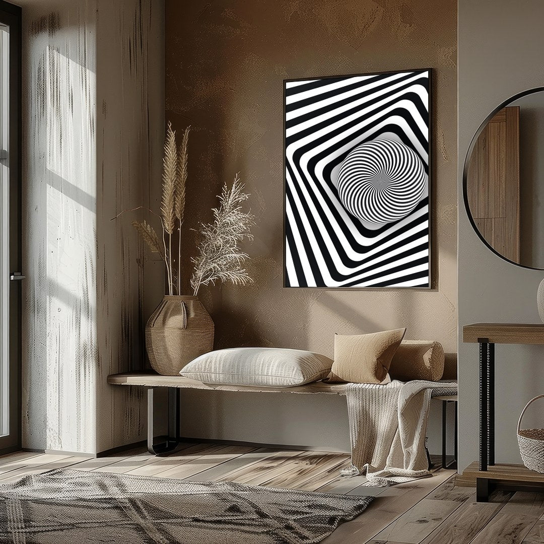 Dive into the mesmerizing world of optical illusions with this black and white geometric spiral for abode