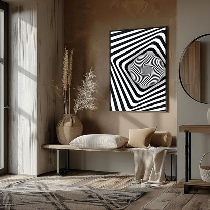 Dive into the mesmerizing world of optical illusions with this black and white geometric spiral for abode
