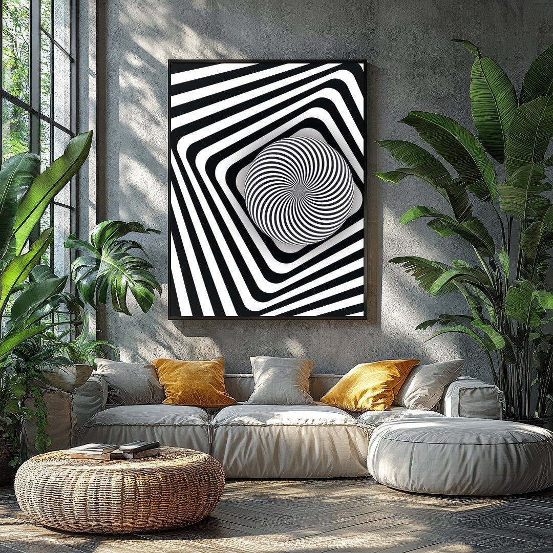 Dive into the mesmerizing world of optical illusions with this black and white geometric spiral for Balcony