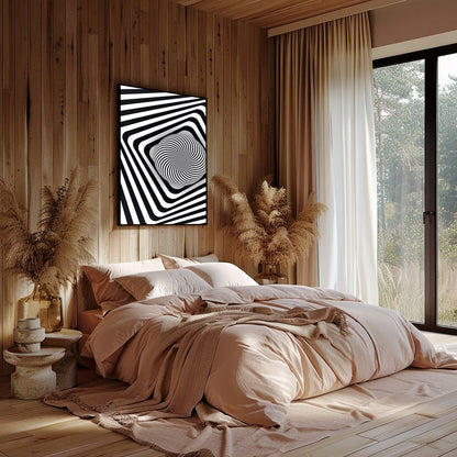 Dive into the mesmerizing world of optical illusions with this black and white geometric spiral for Bedroom