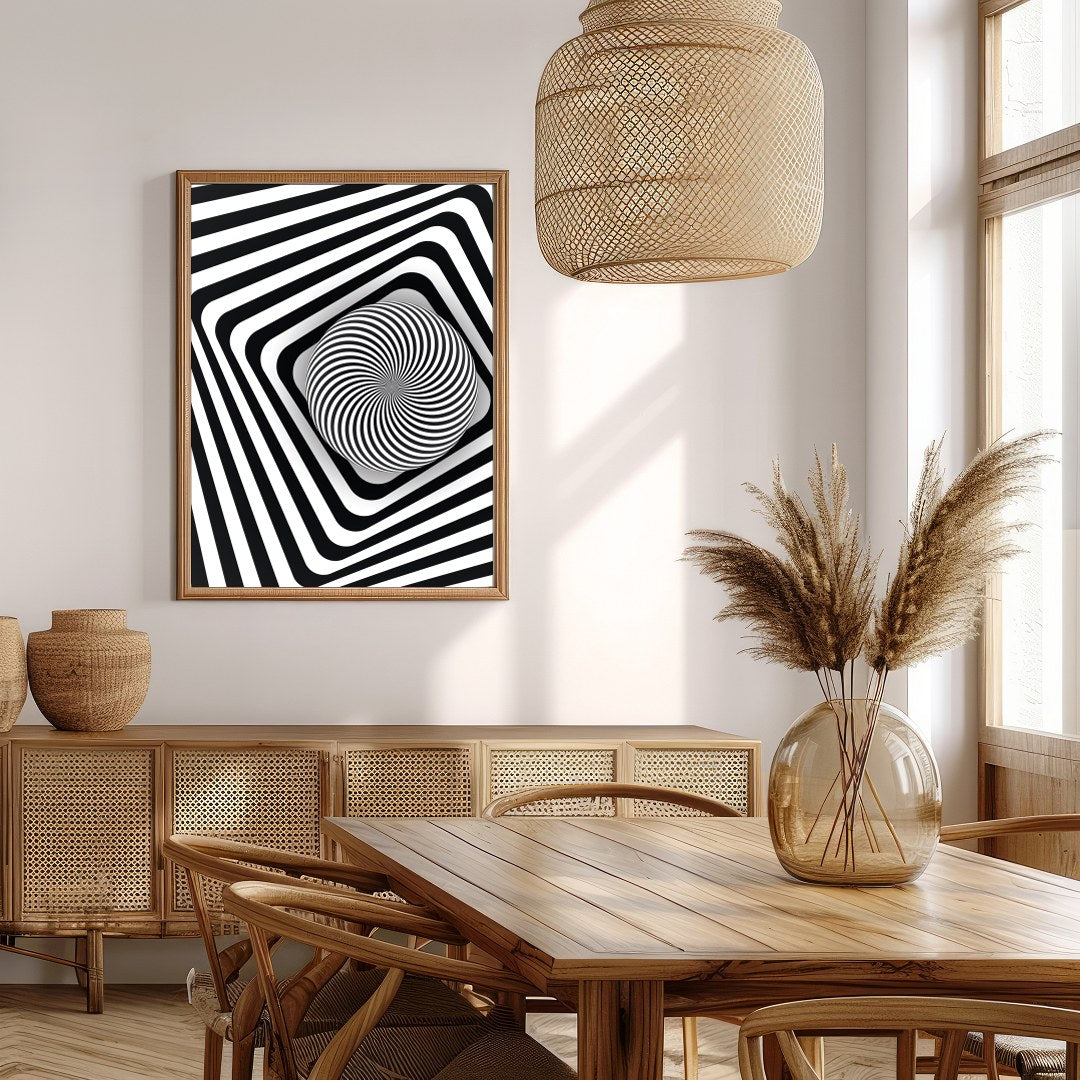 Dive into the mesmerizing world of optical illusions with this black and white geometric spiral for Extra Kitchen