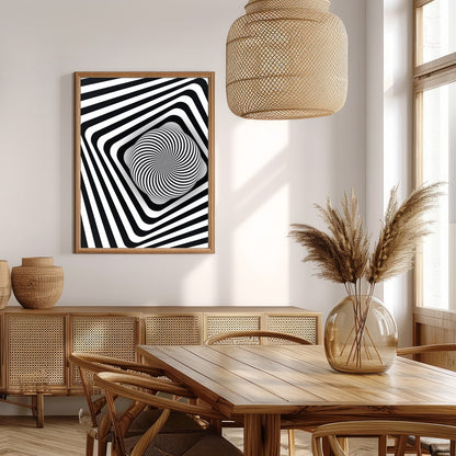 Dive into the mesmerizing world of optical illusions with this black and white geometric spiral for Extra Kitchen