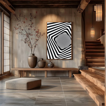 Dive into the mesmerizing world of optical illusions with this black and white geometric spiral for Hall