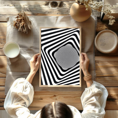 Dive into the mesmerizing world of optical illusions with this black and white geometric spiral for Kitchen