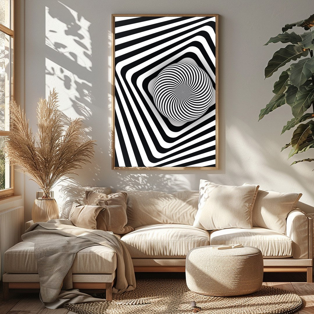 Dive into the mesmerizing world of optical illusions with this black and white geometric spiral for Sitting Area