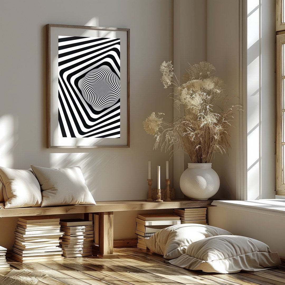 Dive into the mesmerizing world of optical illusions with this black and white geometric spiral for space