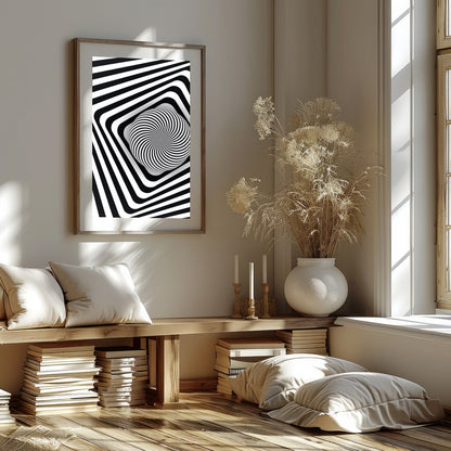 Dive into the mesmerizing world of optical illusions with this black and white geometric spiral for space