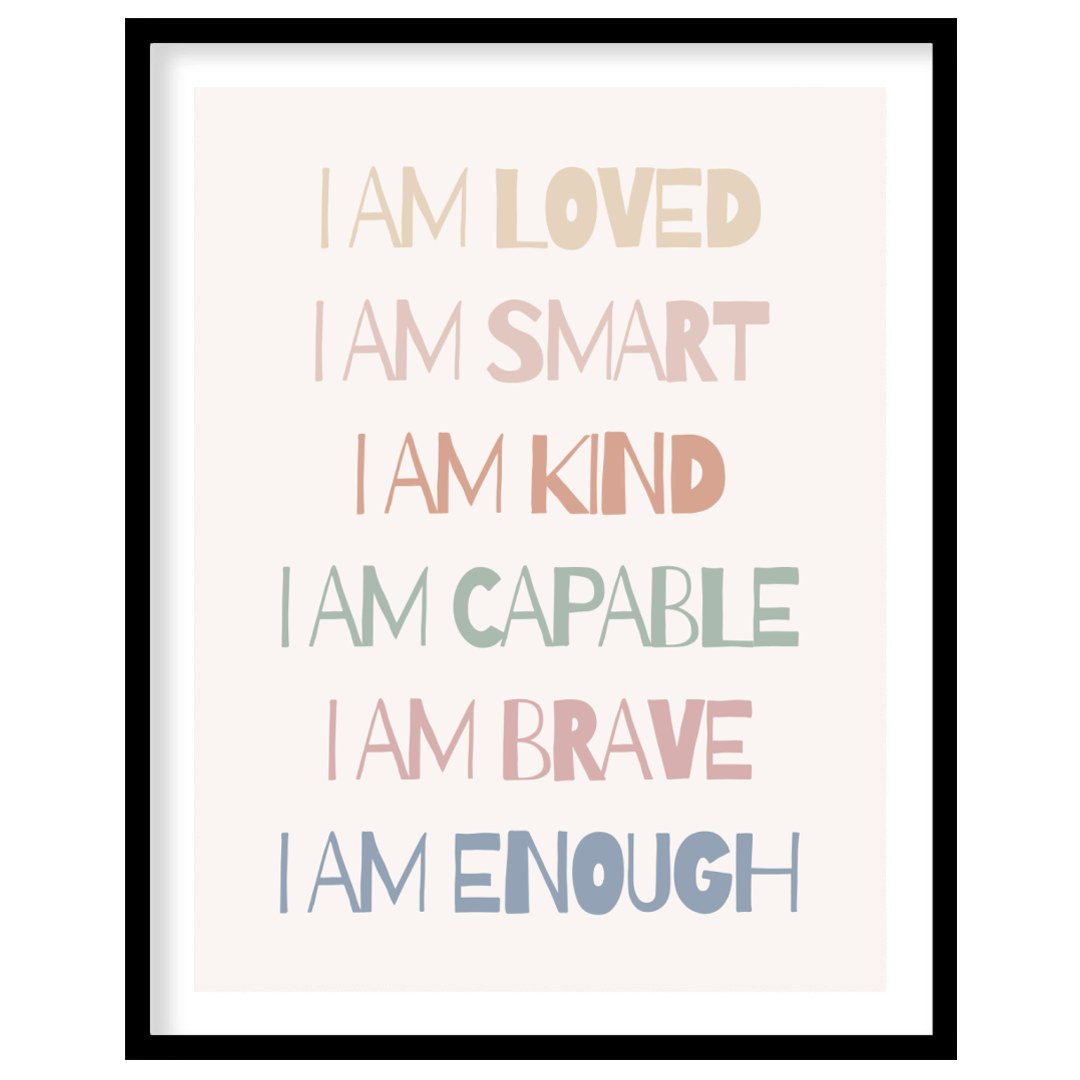 This vibrant and uplifting artwork features a bold sequence of six powerful “I AM” affirmations—“I … for room
