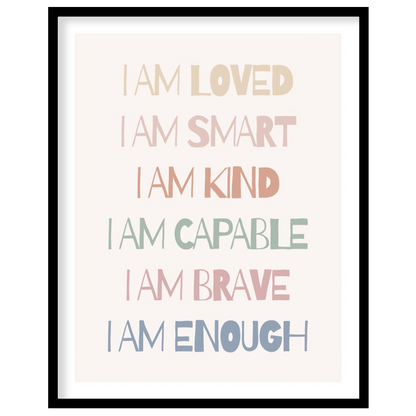 This vibrant and uplifting artwork features a bold sequence of six powerful “I AM” affirmations—“I … for room