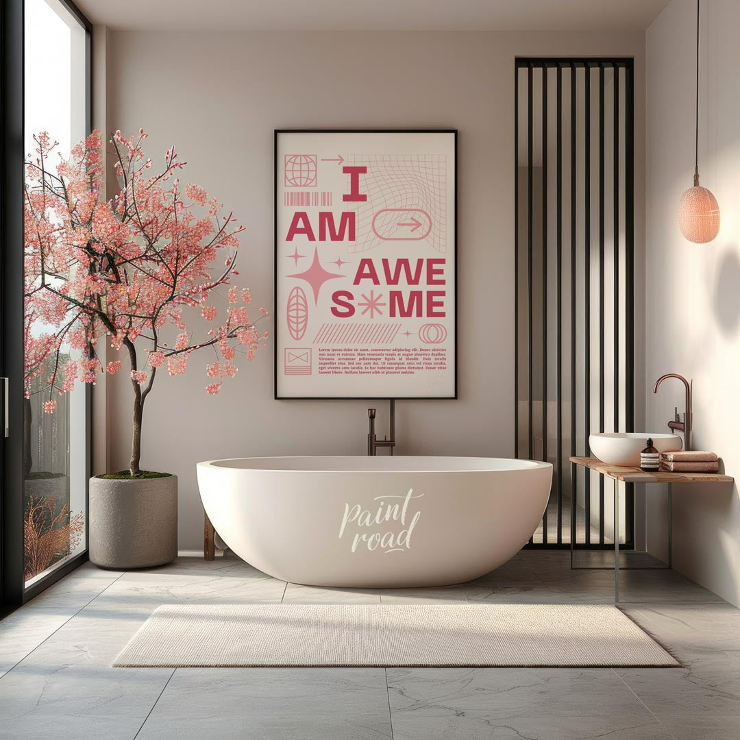 This bold and empowering digital art print declares “I AM AWESOME” in prominent pink capital letter… for bathroom