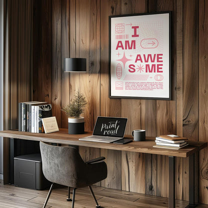 This bold and empowering digital art print declares “I AM AWESOME” in prominent pink capital letter… for office