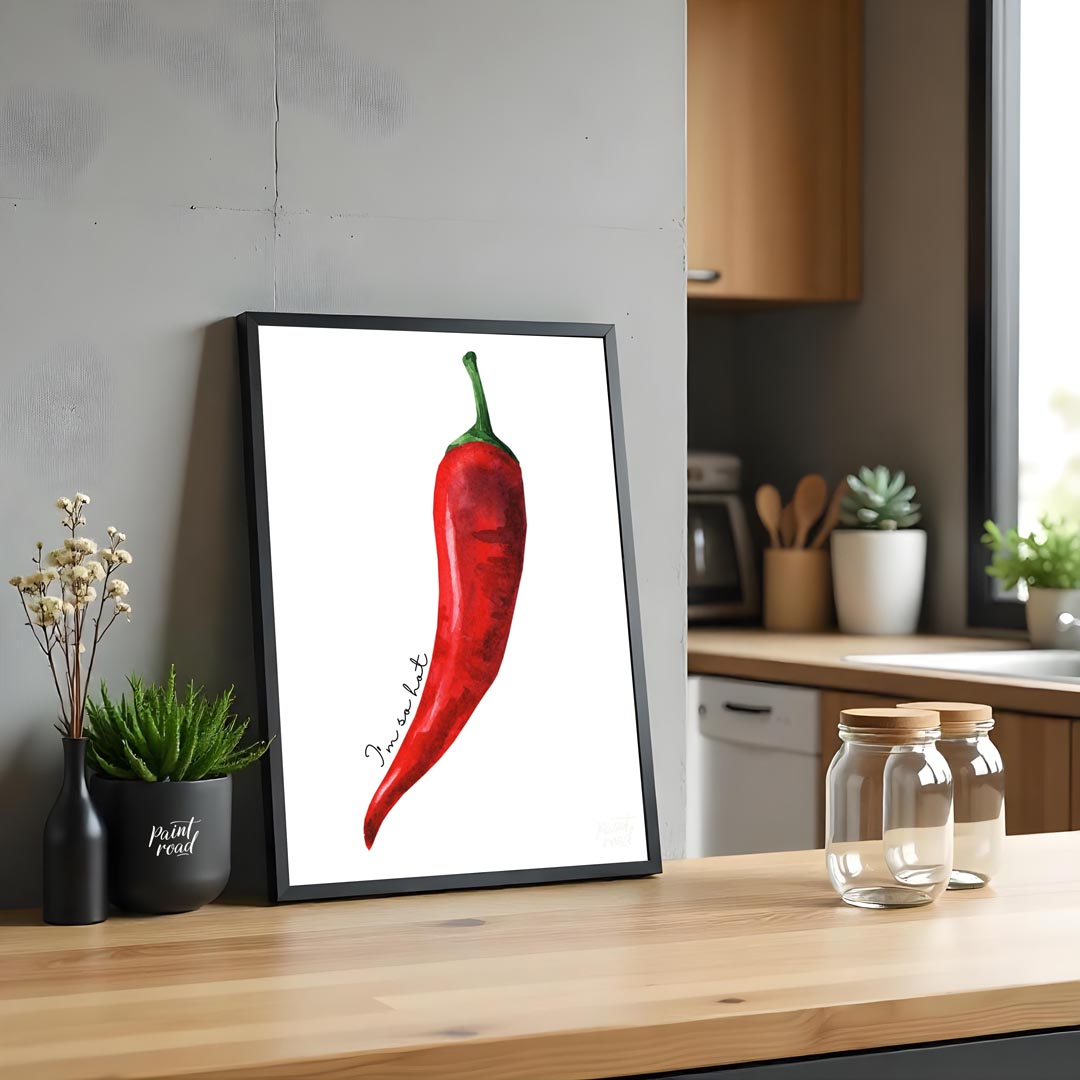 This striking minimalist poster features a single, vibrant red chili pepper rendered in a realistic… for kitchen