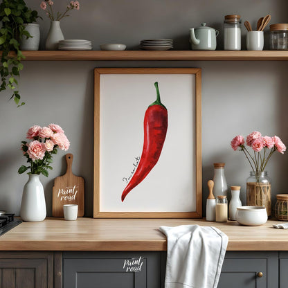 This striking minimalist poster features a single, vibrant red chili pepper rendered in a realistic… for kitchen
