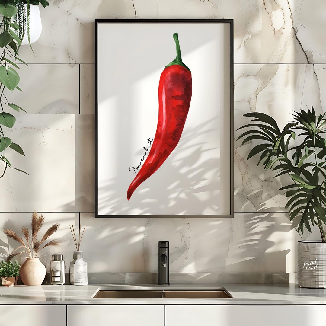 This striking minimalist poster features a single, vibrant red chili pepper rendered in a realistic… for kitchen